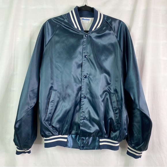 Vintage Other - Vintage 1991 Navy Blue Satin Baseball Bomber Jacket Striped Trim XL
